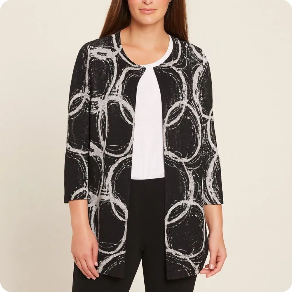 Chico’s Open Front Knit Cardigan Size Medium Black and White 3/4 Sleeves
